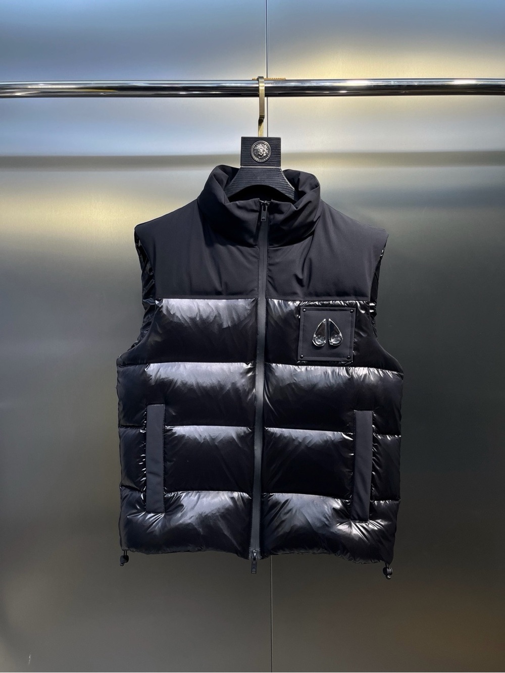 Moose Knuckles Men's Black Quilted Puffer Vest with Logo Patch